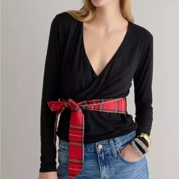 J.Crew Womens Formknit Long Sleeve Wrap Tartan Plaid Top Black Size Small BM345 - Picture 1 of 10
